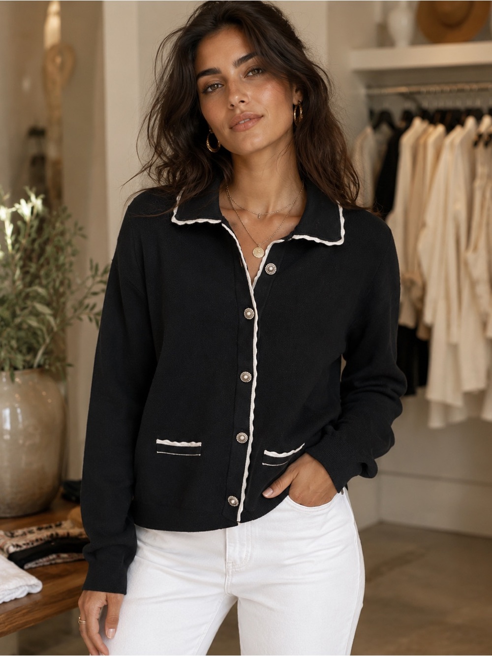 K17. Black Knit Button-Up Jacket with Cream Trim